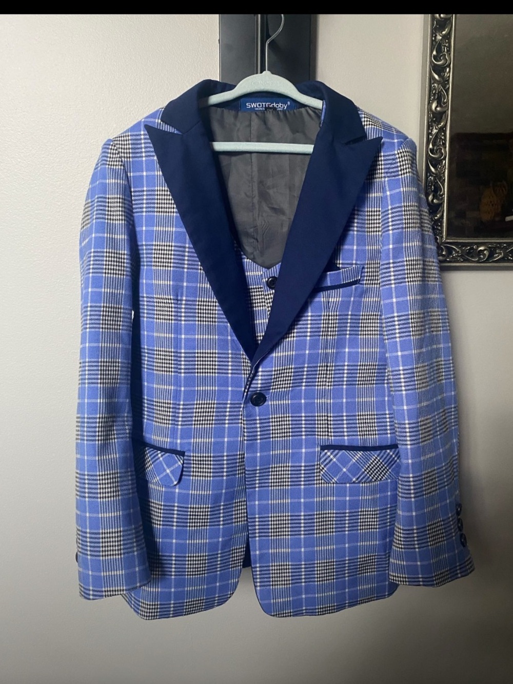 Blue Plaid Boys Blazer with Contrast Lapel